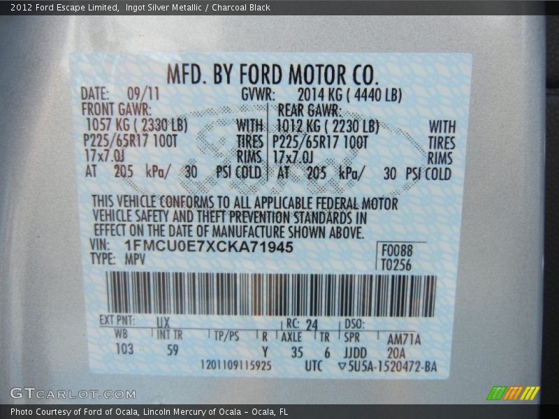 2012 Escape Limited Ingot Silver Metallic Color Code UX