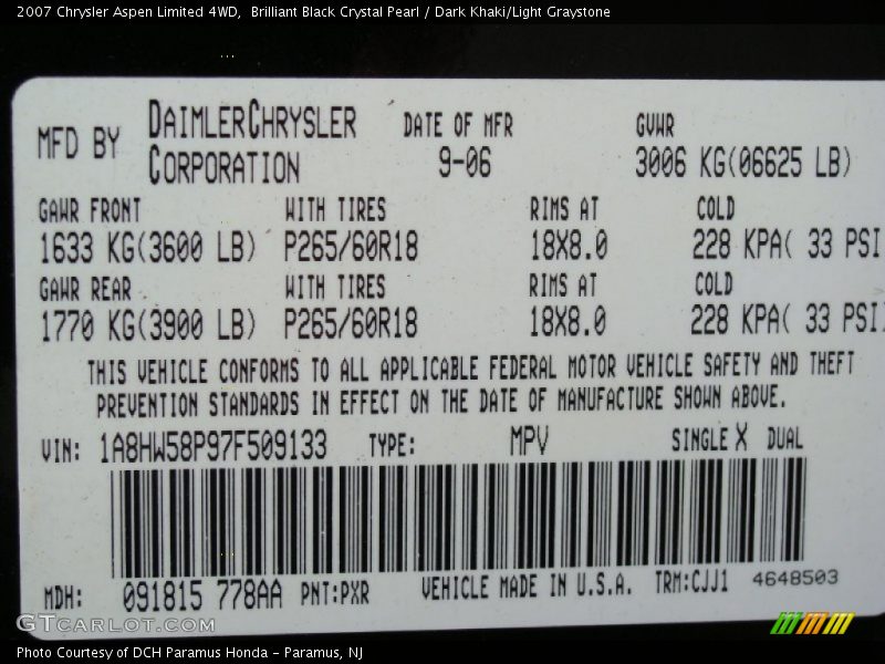 2007 Aspen Limited 4WD Brilliant Black Crystal Pearl Color Code PXR