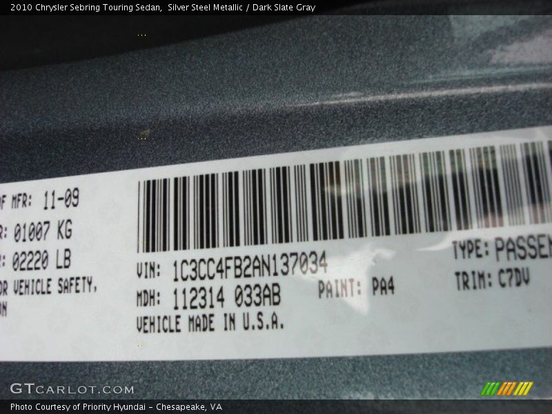 Silver Steel Metallic / Dark Slate Gray 2010 Chrysler Sebring Touring Sedan