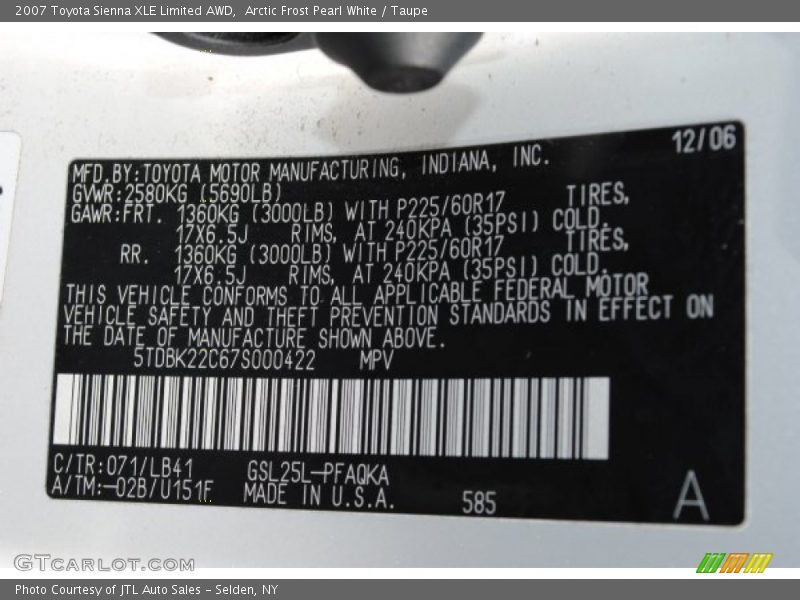 Arctic Frost Pearl White / Taupe 2007 Toyota Sienna XLE Limited AWD