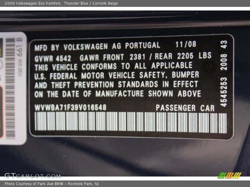Thunder Blue / Cornsilk Beige 2009 Volkswagen Eos Komfort