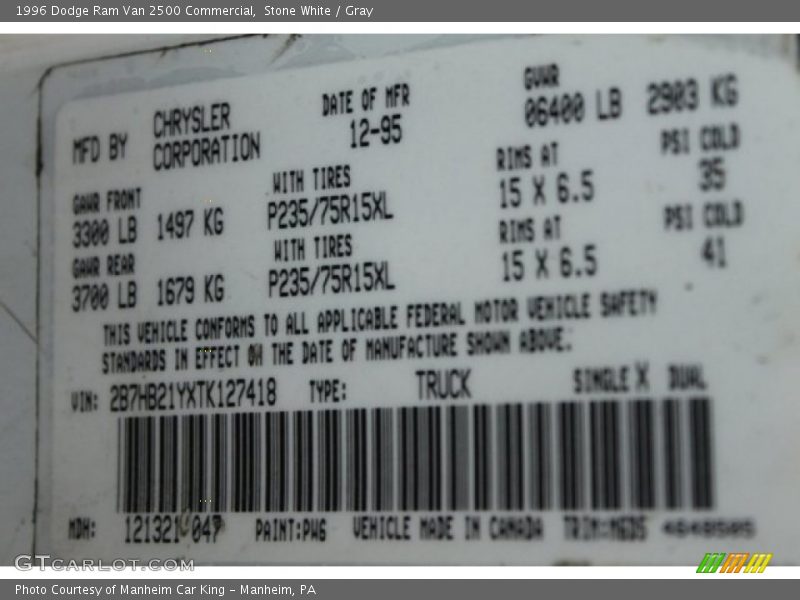 Stone White / Gray 1996 Dodge Ram Van 2500 Commercial