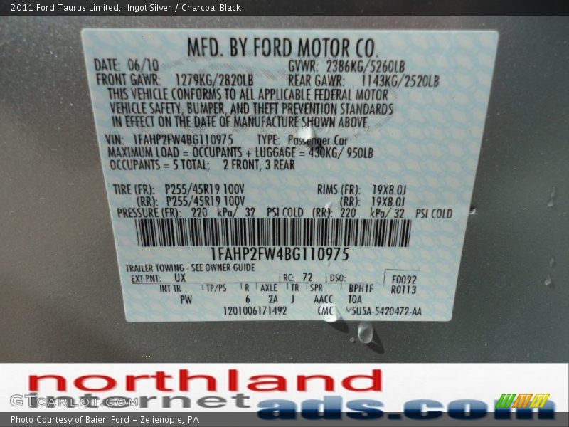 Ingot Silver / Charcoal Black 2011 Ford Taurus Limited