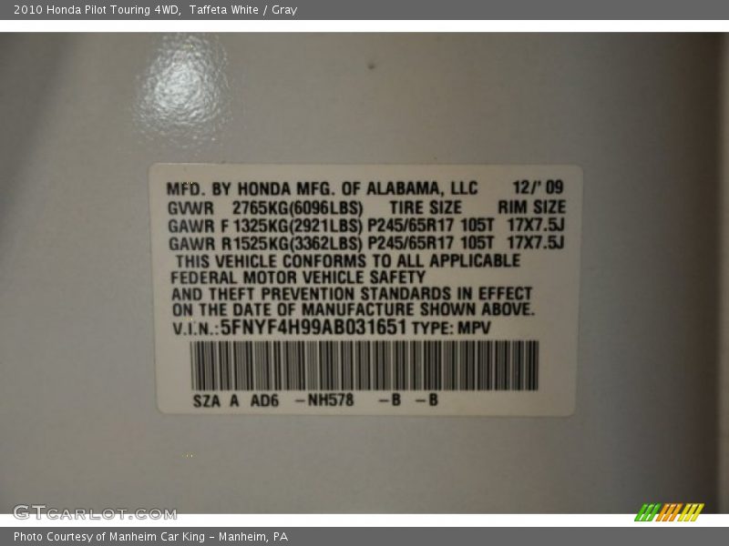 Taffeta White / Gray 2010 Honda Pilot Touring 4WD