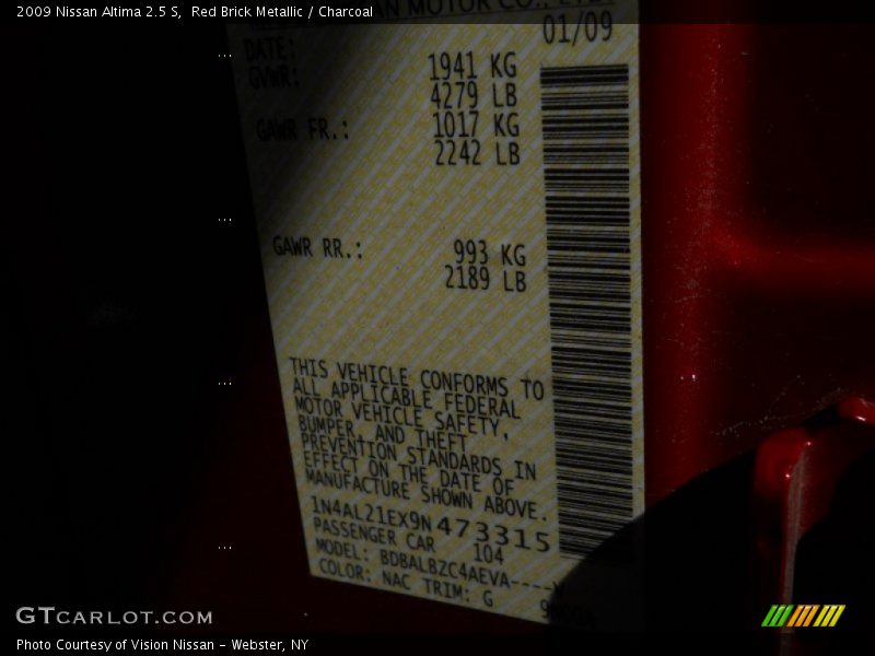 Red Brick Metallic / Charcoal 2009 Nissan Altima 2.5 S
