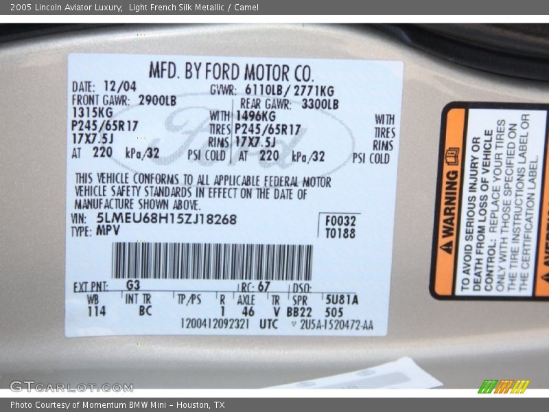 Light French Silk Metallic / Camel 2005 Lincoln Aviator Luxury