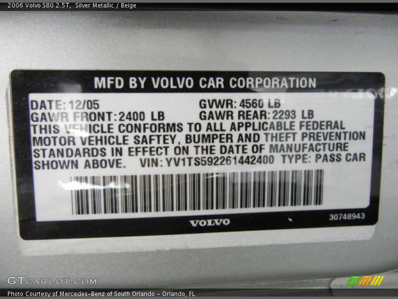 Silver Metallic / Beige 2006 Volvo S80 2.5T