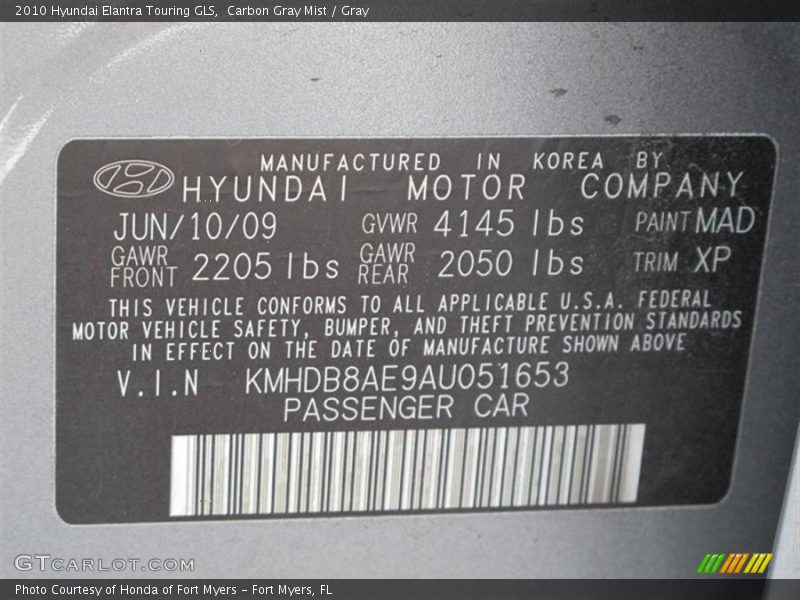 2010 Elantra Touring GLS Carbon Gray Mist Color Code MAD