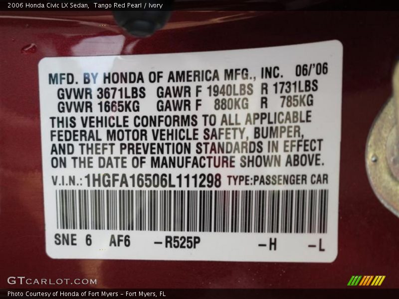 Tango Red Pearl / Ivory 2006 Honda Civic LX Sedan