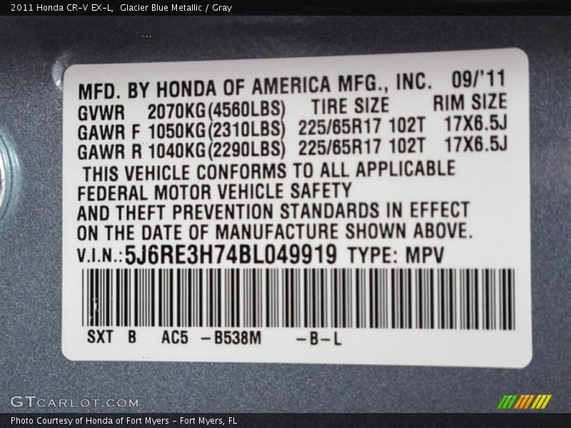Glacier Blue Metallic / Gray 2011 Honda CR-V EX-L