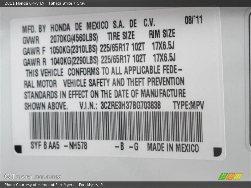 2011 CR-V LX Taffeta White Color Code NH578