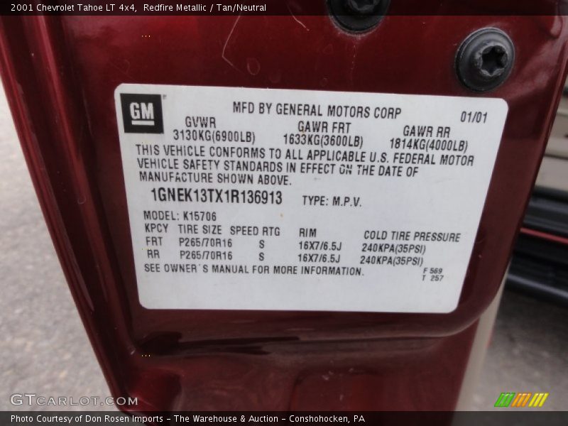 Redfire Metallic / Tan/Neutral 2001 Chevrolet Tahoe LT 4x4