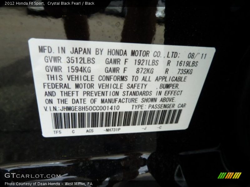 2012 Fit Sport Crystal Black Pearl Color Code NH731P
