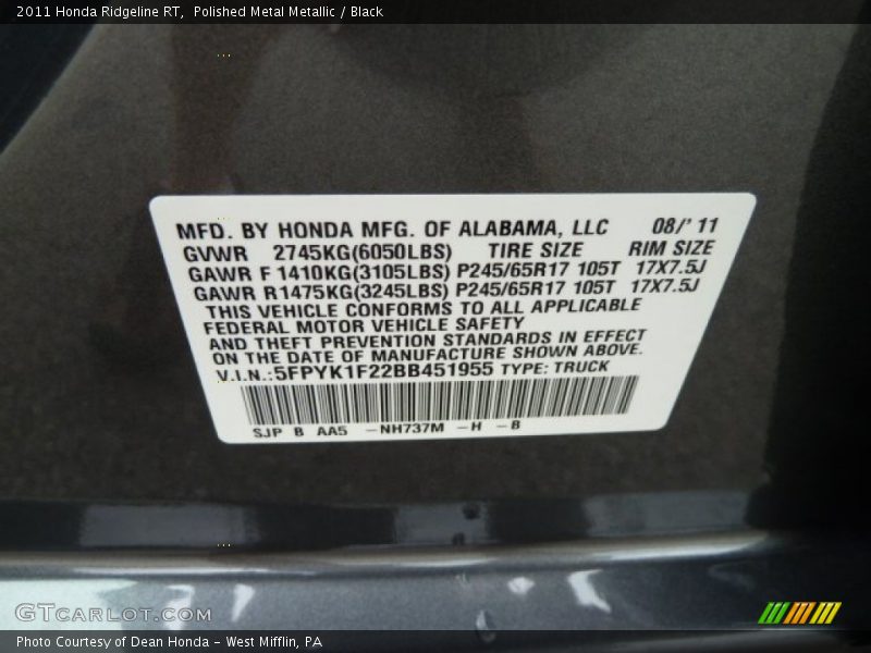 2011 Ridgeline RT Polished Metal Metallic Color Code NH737M