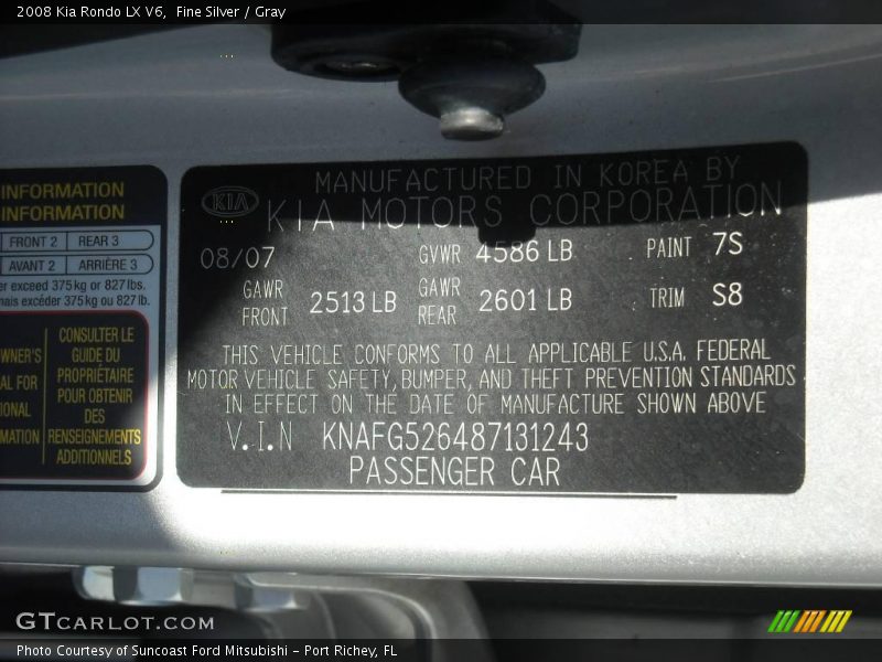 Fine Silver / Gray 2008 Kia Rondo LX V6