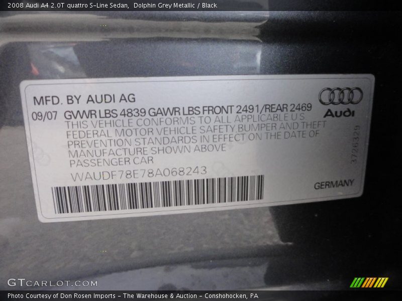 Dolphin Grey Metallic / Black 2008 Audi A4 2.0T quattro S-Line Sedan