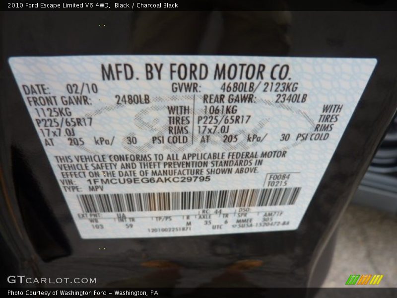 Black / Charcoal Black 2010 Ford Escape Limited V6 4WD