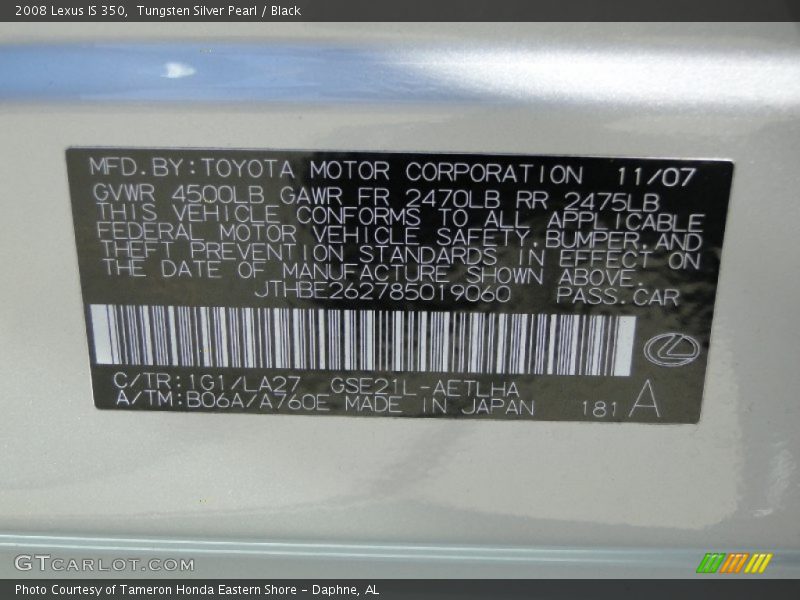 Tungsten Silver Pearl / Black 2008 Lexus IS 350
