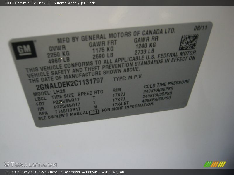 Info Tag of 2012 Equinox LT