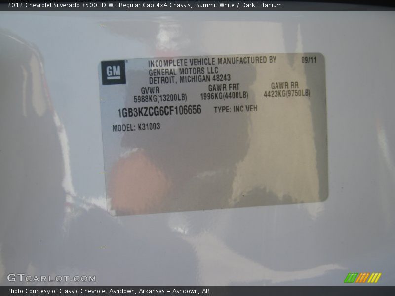 Summit White / Dark Titanium 2012 Chevrolet Silverado 3500HD WT Regular Cab 4x4 Chassis