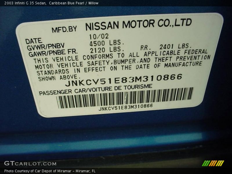 Caribbean Blue Pearl / Willow 2003 Infiniti G 35 Sedan