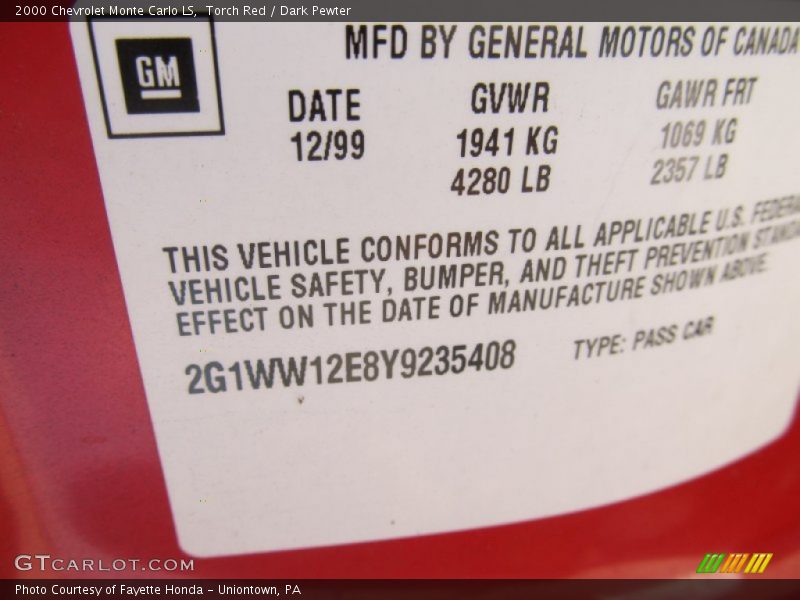 Torch Red / Dark Pewter 2000 Chevrolet Monte Carlo LS