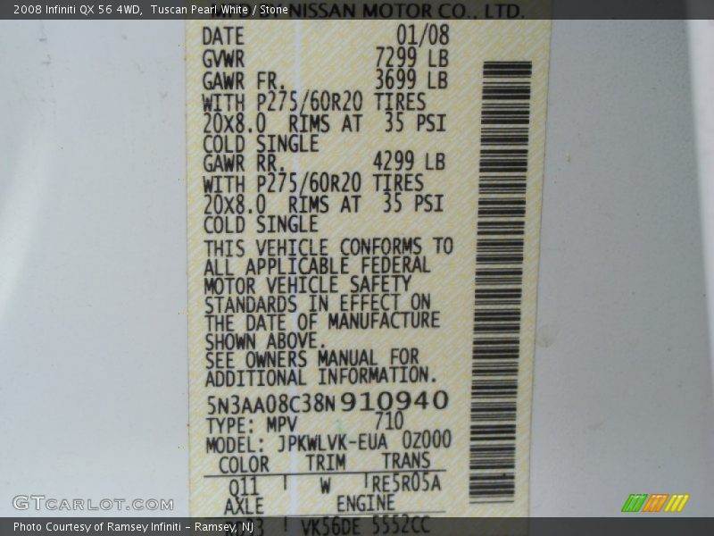 Tuscan Pearl White / Stone 2008 Infiniti QX 56 4WD