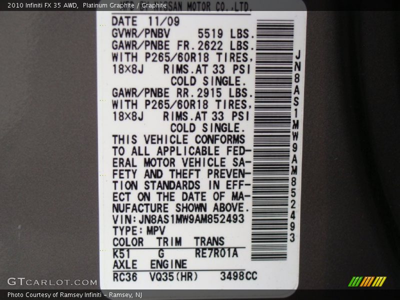 Platinum Graphite / Graphite 2010 Infiniti FX 35 AWD