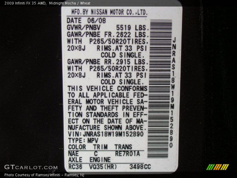 Midnight Mocha / Wheat 2009 Infiniti FX 35 AWD