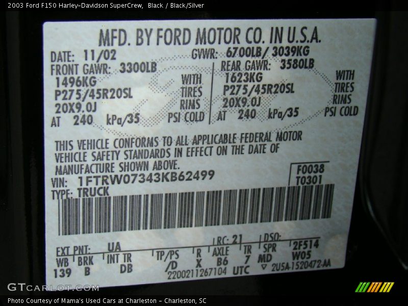 2003 F150 Harley-Davidson SuperCrew Black Color Code UA