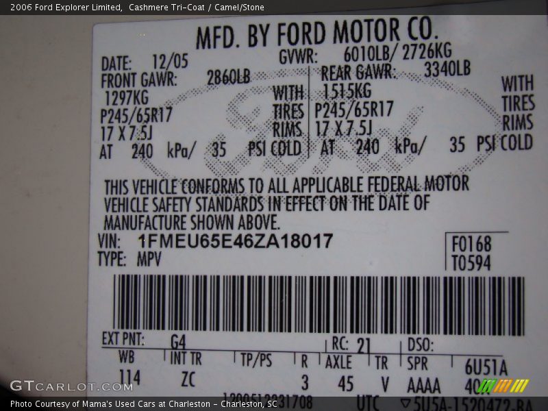 2006 Explorer Limited Cashmere Tri-Coat Color Code G4
