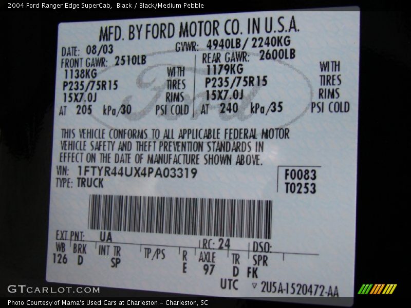 Black / Black/Medium Pebble 2004 Ford Ranger Edge SuperCab