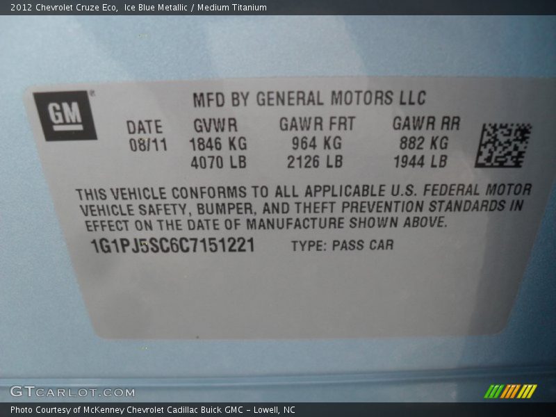 Info Tag of 2012 Cruze Eco