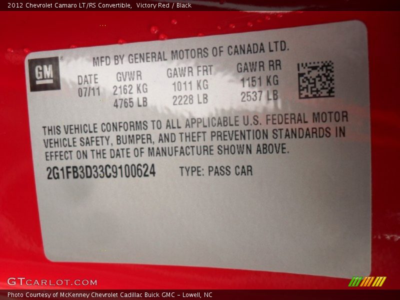 Victory Red / Black 2012 Chevrolet Camaro LT/RS Convertible