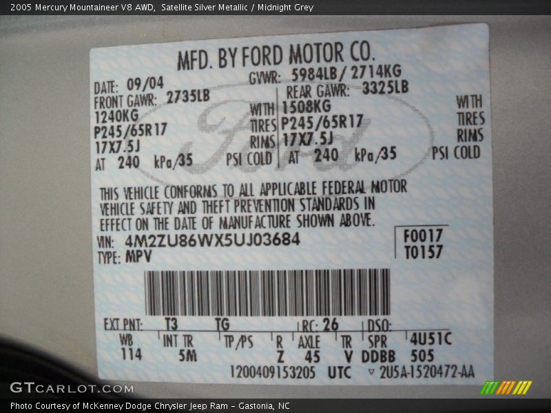 2005 Mountaineer V8 AWD Satellite Silver Metallic Color Code T3