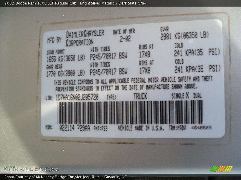 Bright Silver Metallic / Dark Slate Gray 2002 Dodge Ram 1500 SLT Regular Cab