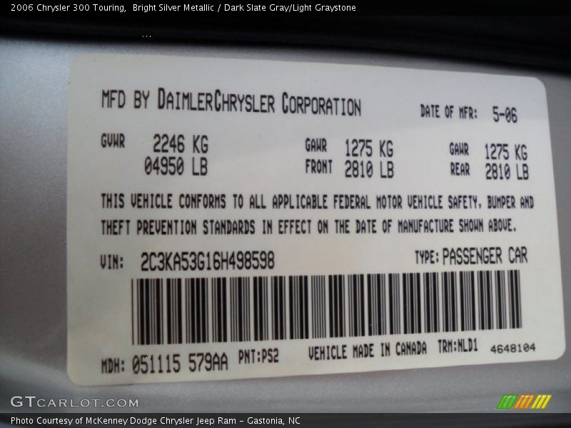 Bright Silver Metallic / Dark Slate Gray/Light Graystone 2006 Chrysler 300 Touring