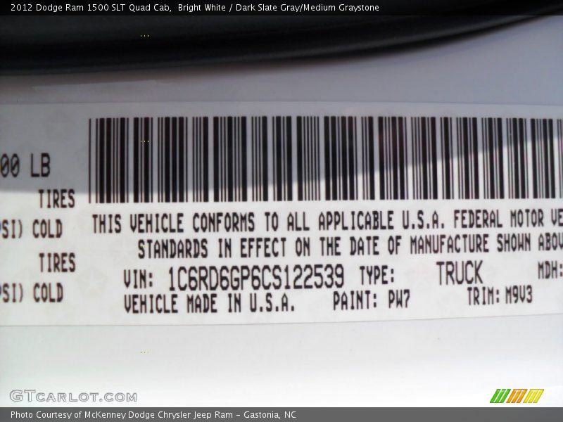 2012 Ram 1500 SLT Quad Cab Bright White Color Code PW7