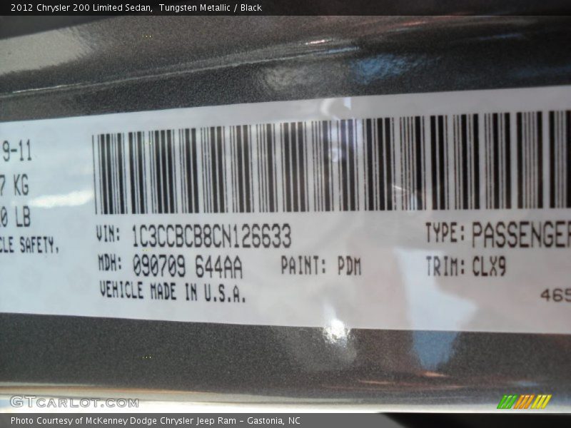 Tungsten Metallic / Black 2012 Chrysler 200 Limited Sedan