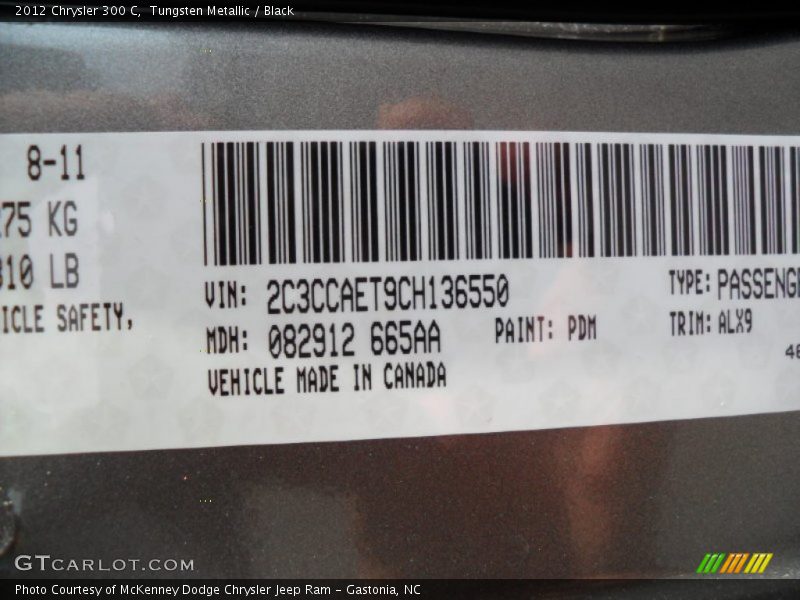 Tungsten Metallic / Black 2012 Chrysler 300 C