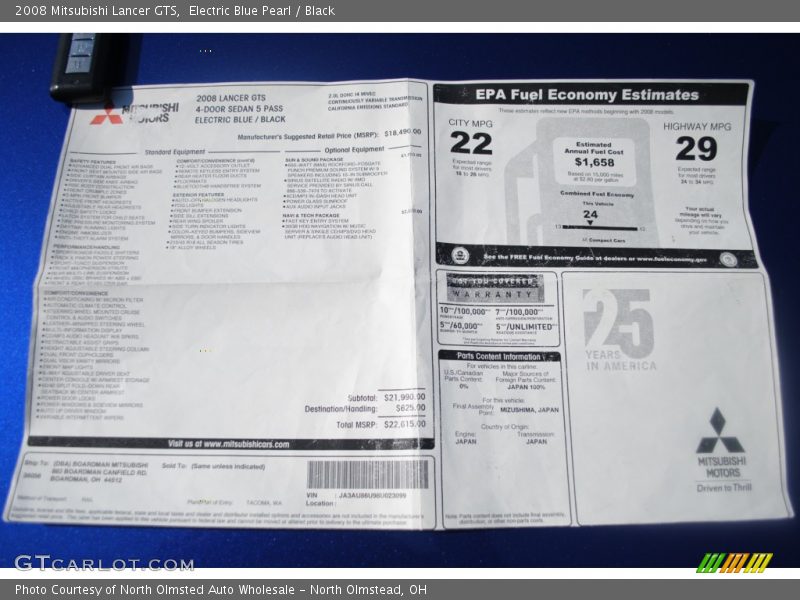 Electric Blue Pearl / Black 2008 Mitsubishi Lancer GTS