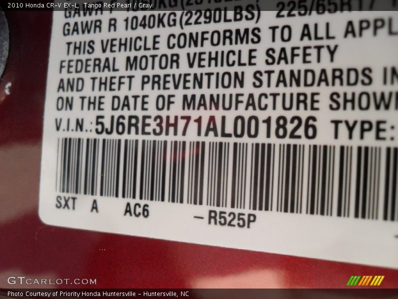 Tango Red Pearl / Gray 2010 Honda CR-V EX-L