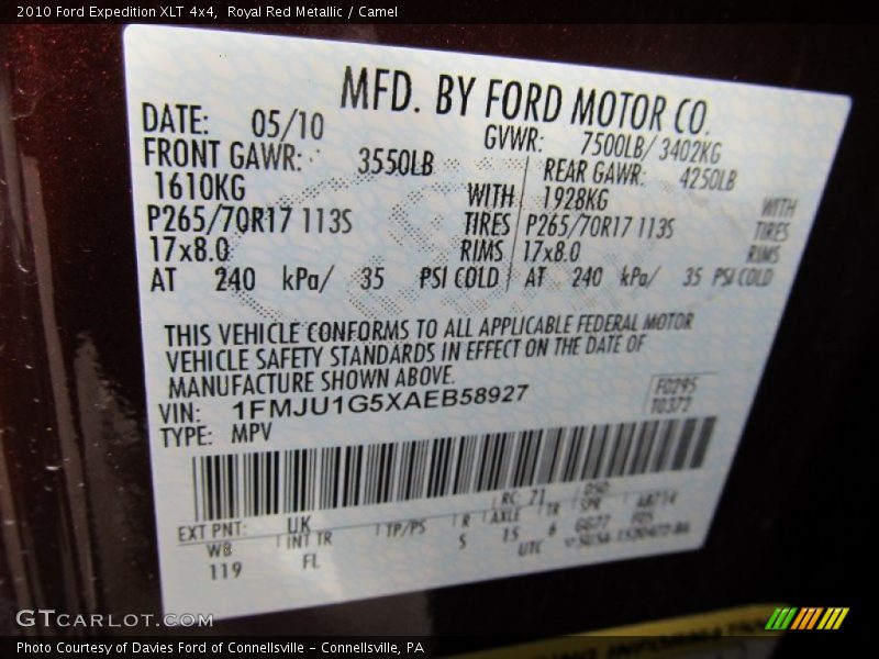 2010 Expedition XLT 4x4 Royal Red Metallic Color Code UK