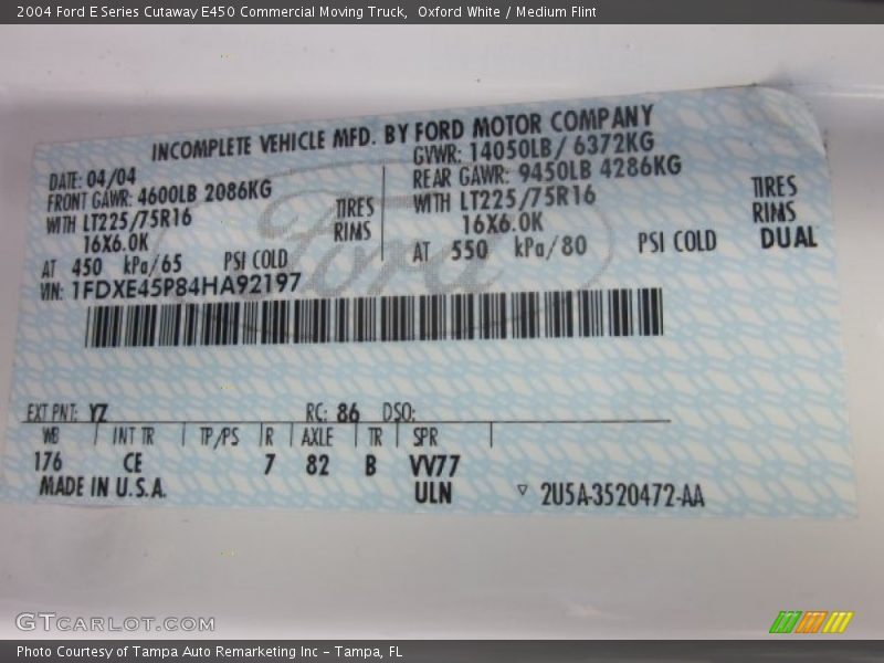 Oxford White / Medium Flint 2004 Ford E Series Cutaway E450 Commercial Moving Truck