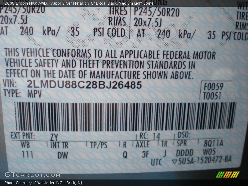 Vapor Silver Metallic / Charcoal Black/Medium Light Stone 2008 Lincoln MKX AWD