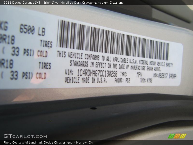 Bright Silver Metallic / Dark Graystone/Medium Graystone 2012 Dodge Durango SXT