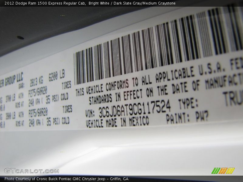 2012 Ram 1500 Express Regular Cab Bright White Color Code PW7