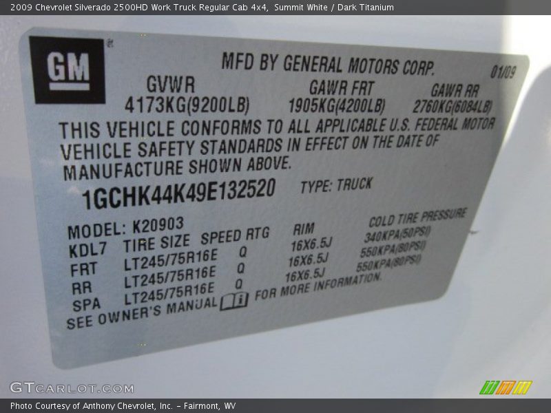 Summit White / Dark Titanium 2009 Chevrolet Silverado 2500HD Work Truck Regular Cab 4x4