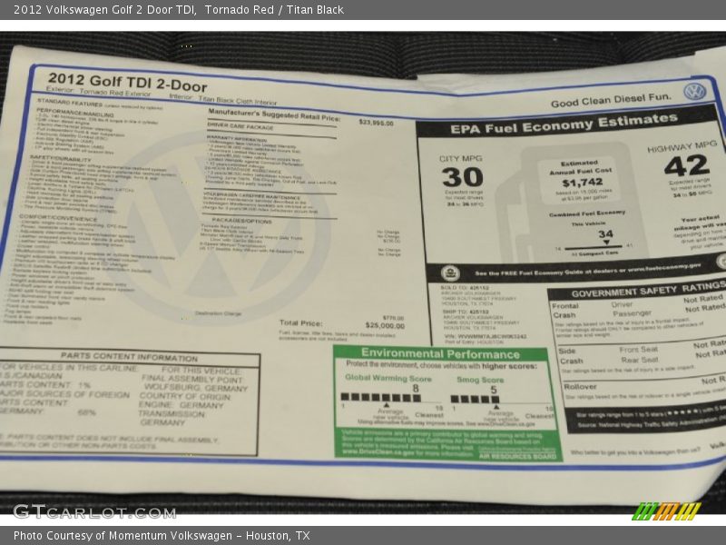  2012 Golf 2 Door TDI Window Sticker