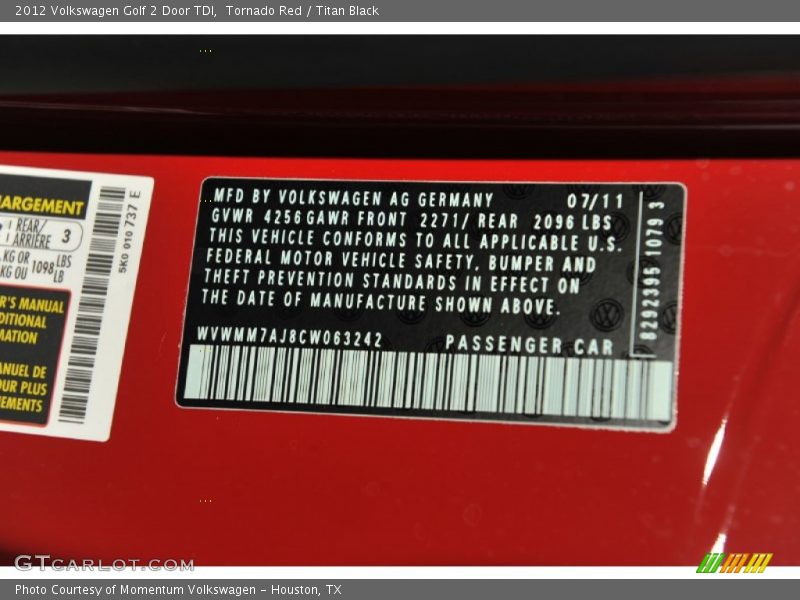 Tornado Red / Titan Black 2012 Volkswagen Golf 2 Door TDI